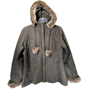 Cabi Quilted Black Jacket Faux Fur Red Lining XL Removable Hood Snap Full Zip